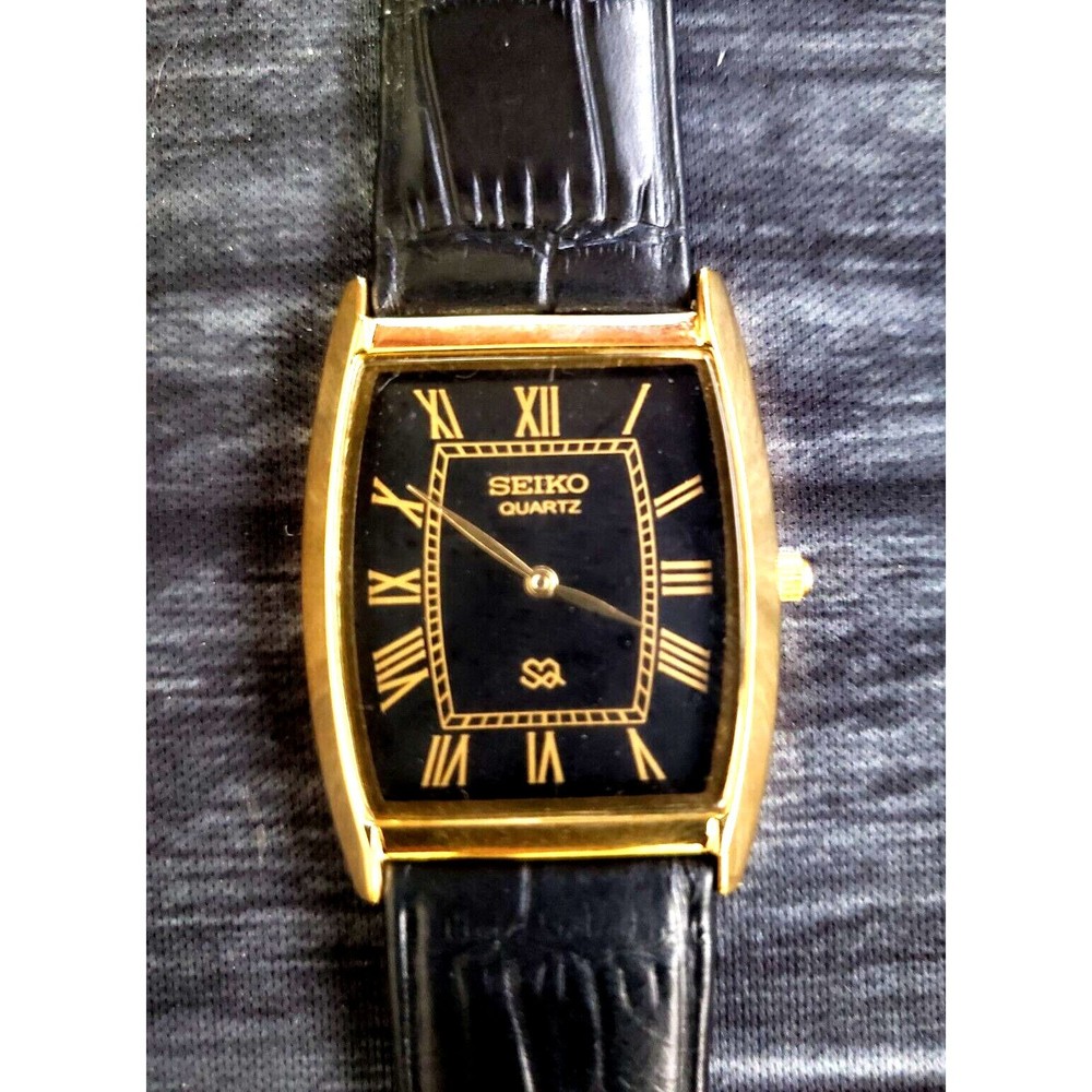 RARE Vintage Seiko‎ New Old Stock Men's Classic Tank Barrel Gold Black Watch **